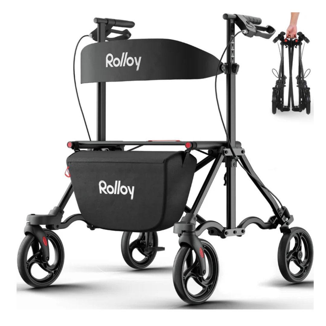 The black Rolloy Ultra Compact Master Rollator Walker features 8-inch non-slip wheels, a storage bag, and a curved backrest. An inset image shows the walker folded compactly and carried in one hand.